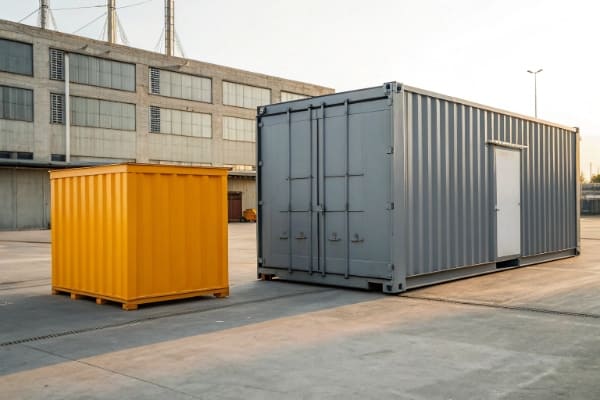 A small box next to a large shipping container