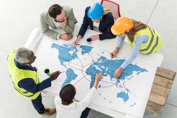 A team of logistics experts looking at a world map and planning routes.