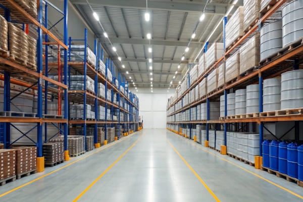 A warehouse with neatly organized shelves, representing strategic inventory management.