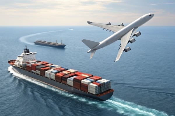A cargo ship and plane moving containers from China to the UK