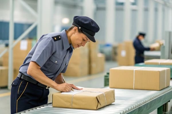 A customs officer inspecting a package in the UK
