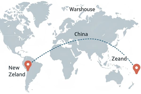 A map showing a direct line from a factory in China to a warehouse in New Zealand, managed by a China-based team