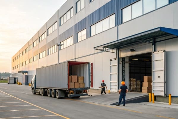 A truck delivering packages to a warehouse and an Amazon FBA center