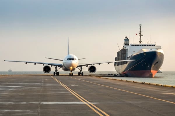 An airplane and a cargo ship side-by-side for comparison