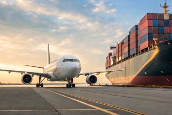 An airplane and a container ship side-by-side