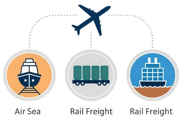 An infographic comparing icons for air, sea, and rail freight