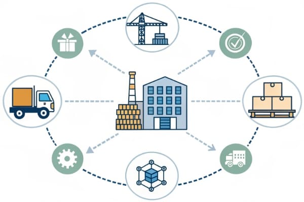 An infographic showing an integrated supply chain service from sourcing to shipping