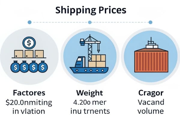 An infographic showing factors that influence shipping prices, like weight, volume, and season