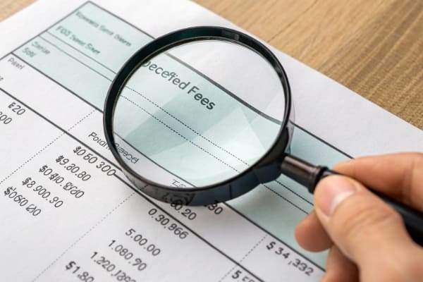 An invoice with unexpected fees highlighted with a magnifying glass