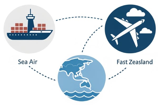 Diagram showing icons for sea, air, and express shipping from China to New Zealand