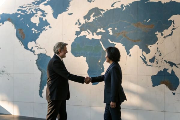 handshake in front of a world map