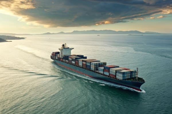 Large container ship on the ocean heading towards New Zealand