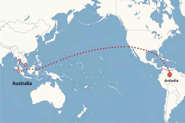 Map showing the shipping route from China to Australia