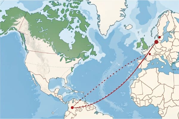 Map showing the shipping route from China to Canada