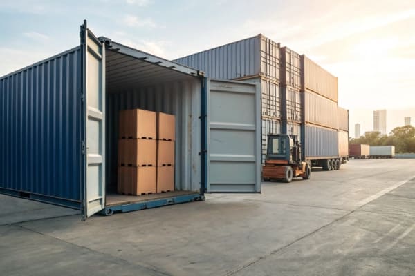 One full container next to a container with boxes from different shippers