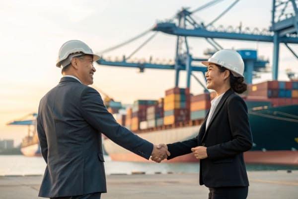 Two business people shaking hands in front of a container port