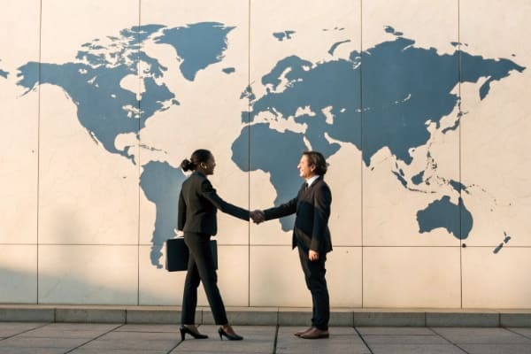 Two business people shaking hands in front of a world map