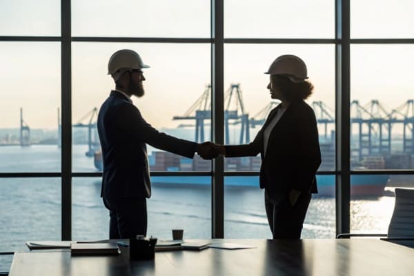 Two people shaking hands over a contract, symbolizing a strong shipping agreement.