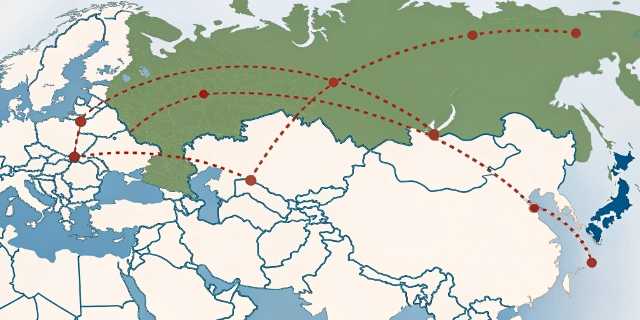 China to Germany rail freight route map showing Silk Road corridor through Kazakhstan, Russia, Belarus, Poland to Duisburg