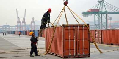 Containers being secured and lashed at Chengdu departure terminal